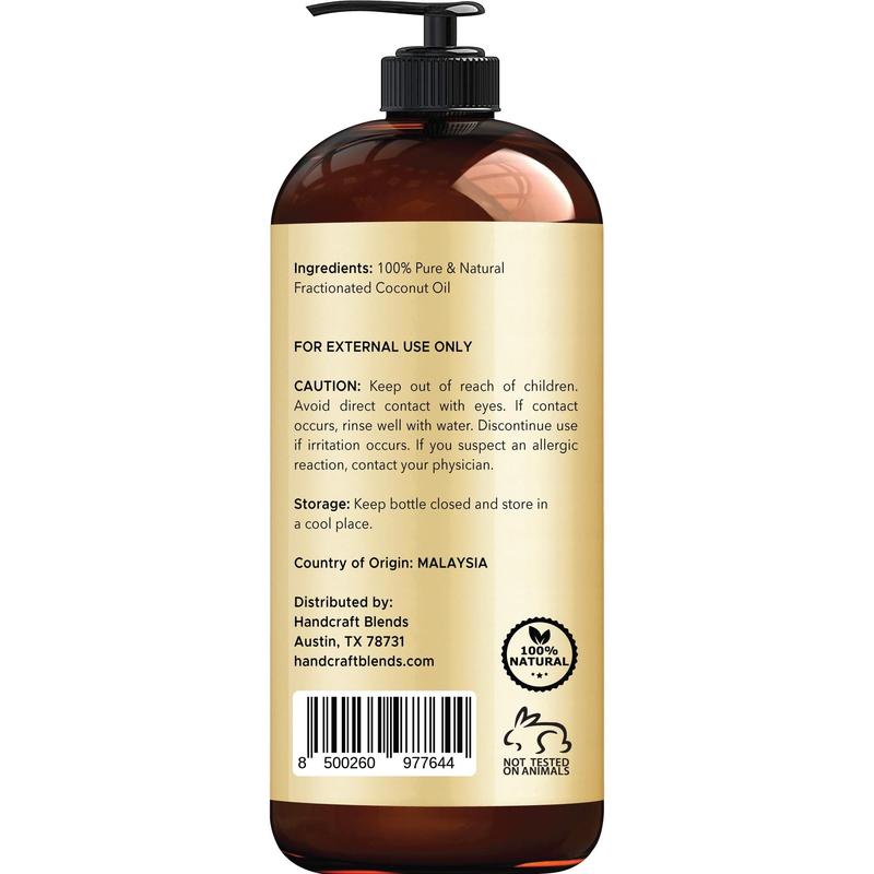 Handcraft Blends Fractionated Coconut Oil, 16 Fl Oz - 100% Pure and Natural - Premium Grade Oil for Skin, Hair,Tonic - Carrier Hair Growth Oil