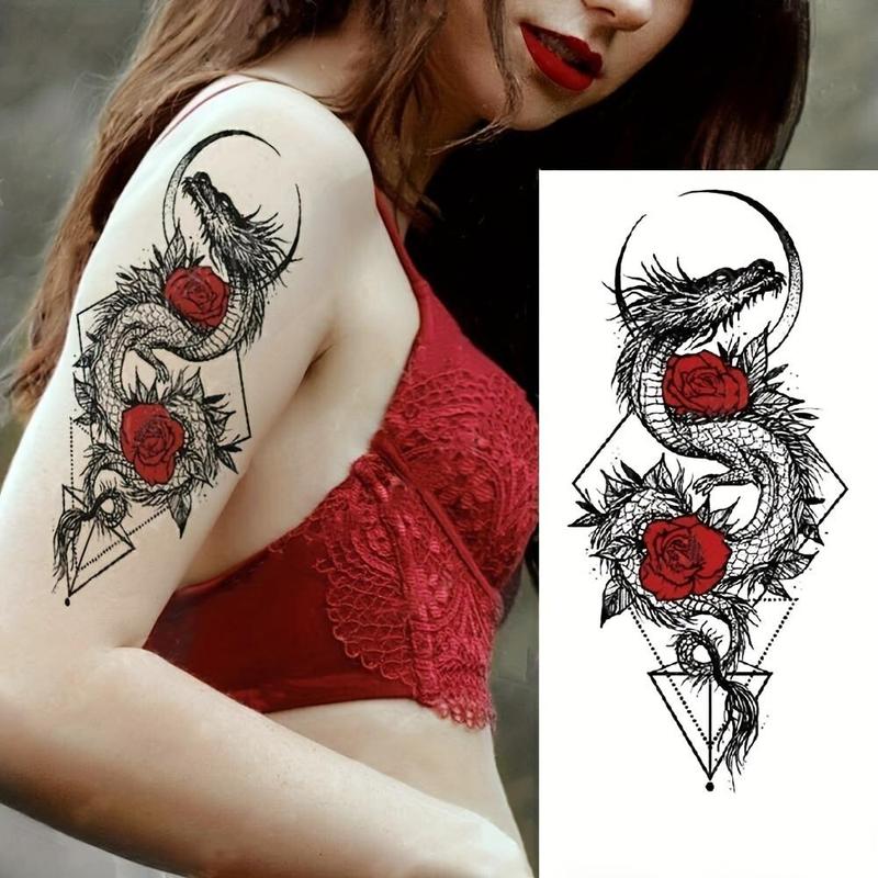 Dragon & Rose Pattern Temporary Tattoo Sticker, 1 Count Creative Temporary Tattoo Sticker, Body Art Sticker for Party & Festival