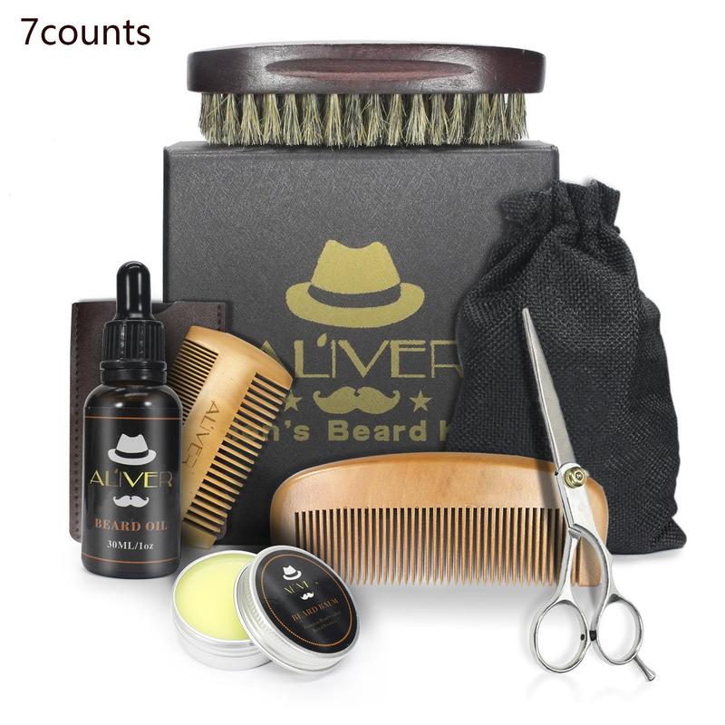 Men's Beard Care Set, 7 Counts set Beard Oil & Balm & Comb & Scissors & Brush, Beard Styling Tool Set for Men