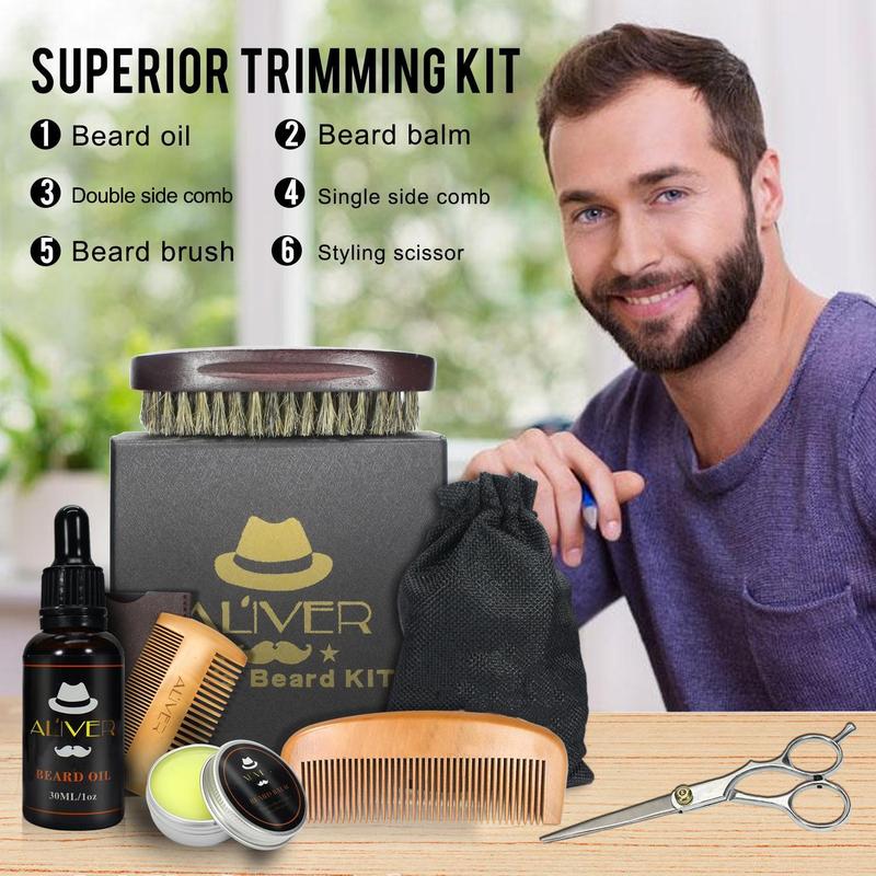 Men's Beard Care Set, 7 Counts set Beard Oil & Balm & Comb & Scissors & Brush, Beard Styling Tool Set for Men