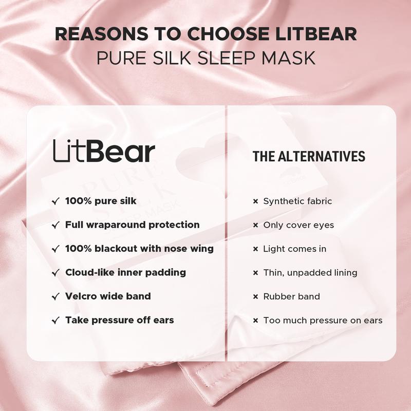 LitBear Pink Silk Sleep Mask for Side Sleeper, Eye Mask Sleeping for Women Men 100% 22 Momme Pure Mulberry Silk