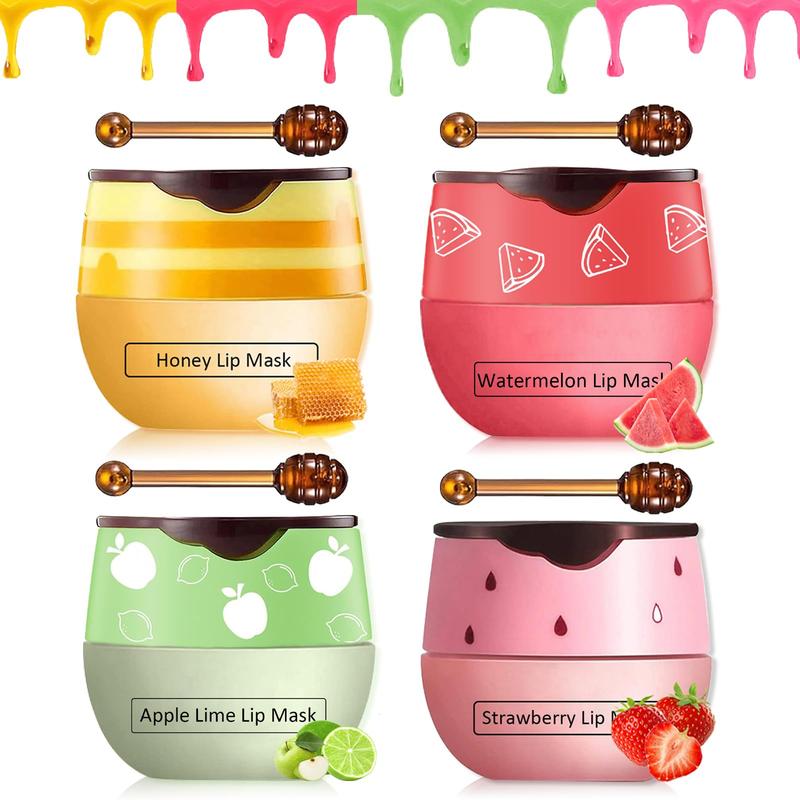 4 Pcs Bee Lip Balm Honey Pot,Strawberry&Watermelon&Honey&Apple Lime Lip Mask Overnight Hydrating Prevention Dry and Cracked Lip Scrubs Exfoliator Lip Care, Lip Sleeping Mask Reduces Lip Lines , lip liner , lipstick Moisture Moisturize