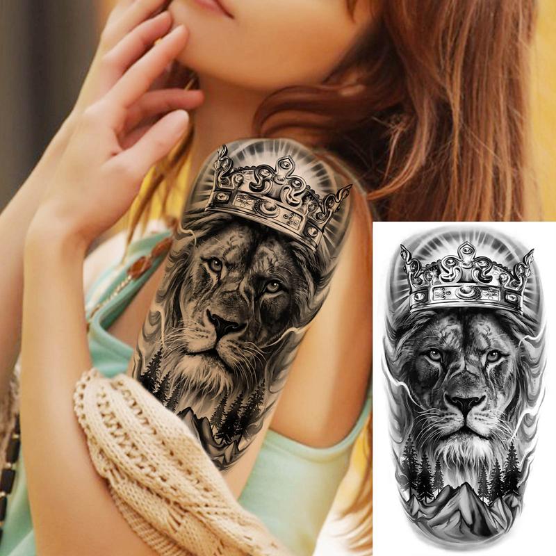 Lion & Crown Pattern Temporary Tattoo Sticker, 1 Count Waterproof Long Lasting Fake Tattoo Sticker, Body Art Decoration for Women & Men