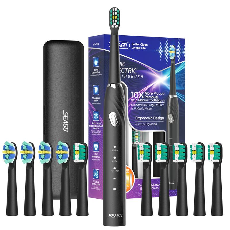 SEAGO Electric Toothbrush with 10 Brush Heads,Travel Toothbrush with Travel Case and Toothbrush Holder,Smart Toothbrush with Timer for Adults SG-2316