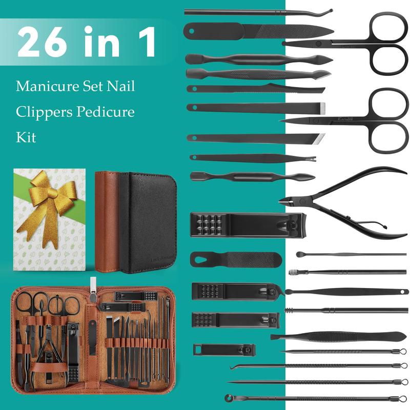 Manicure Set, Professional Nail Clippers Pedicure Kit 26 Pieces Nail Care Tools for Travel & Grooming (Black) Nail Art Cutics