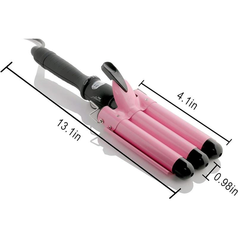 3 Barrel Hair Waver for Beachy Frizz-Free Waves w LCD Temperature Display - 1 Inch Ceramic Tourmaline Triple Barrels, Dual Voltage Crimping Tool