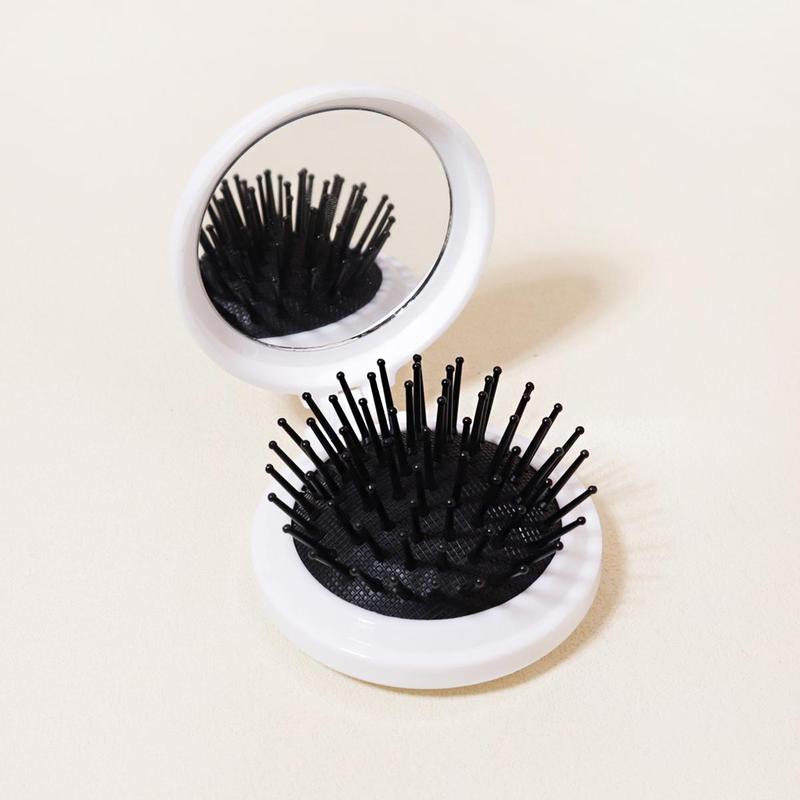 Heatless Folding Hair Brush with Mirror, Portable Compact Travel Haircare Hair Comb, Portable Travel Hair Massage Brush with Cosmetic Mirror