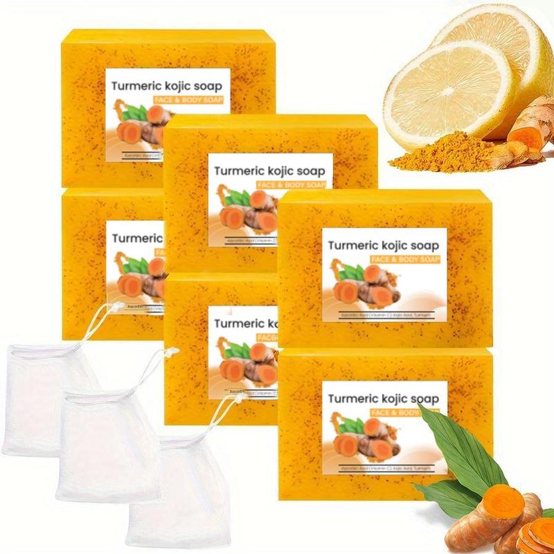 Turmeric Soap Set, 6 Counts set Handmade Soap with 3 Counts Foaming Net, Moisturizing Body Wash Soap for All Skin Types, Christmas Gift