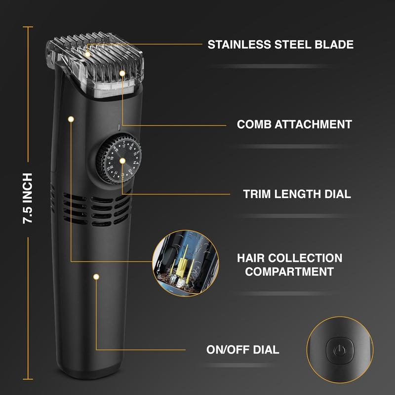 Vacutrim Cordless Mens Beard Trimmer, Rechargeable Electric Shaver with 20 Trim Setting Calibration Dial and Built-in Vacuum for Mustache, Sideburns. Facial Hair, Black, 7.5