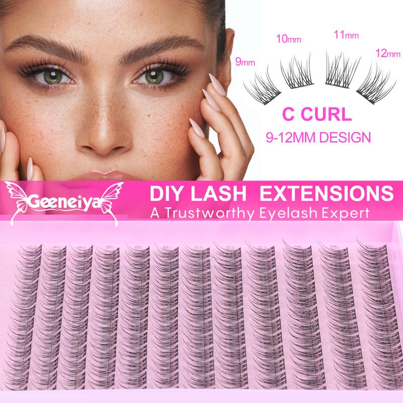 Geeneiya Wispy Lash Clusters Kit, DIY Lash Extension Kit, C Curl Wispy Cluster Eyelash Extensions with Waterproof Lash Bond and Seal, Lash Remover, Tweezers-NEW GLITTER PACKAGE (0.05D)