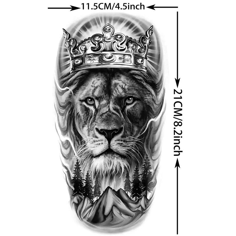 Lion & Crown Pattern Temporary Tattoo Sticker, 1 Count Waterproof Long Lasting Fake Tattoo Sticker, Body Art Decoration for Women & Men