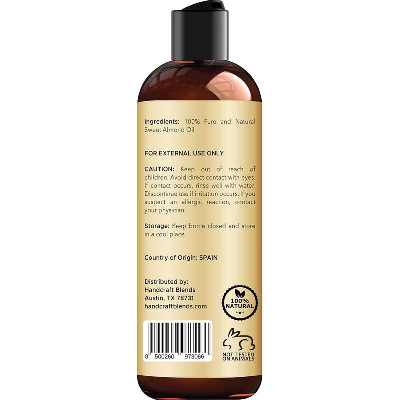 Handcraft Blends Sweet Almond Oil - 8 Fl Oz - 100% Pure and Natural - Premium Grade Oil for Skin and Hair - Carrier Oil - Hair and Body Oil - Massage Oil - Hexane-Free Handcraft Blends Handcraft Blends Handcraft Blends