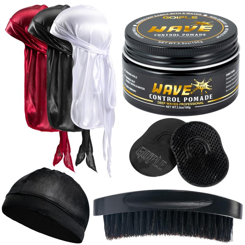 360 Wave Training Kit for Men Goiple Pomade Curved Brush Durag Cap Set Strong Hold Easy Wash Moisture Shine for Silky Waves