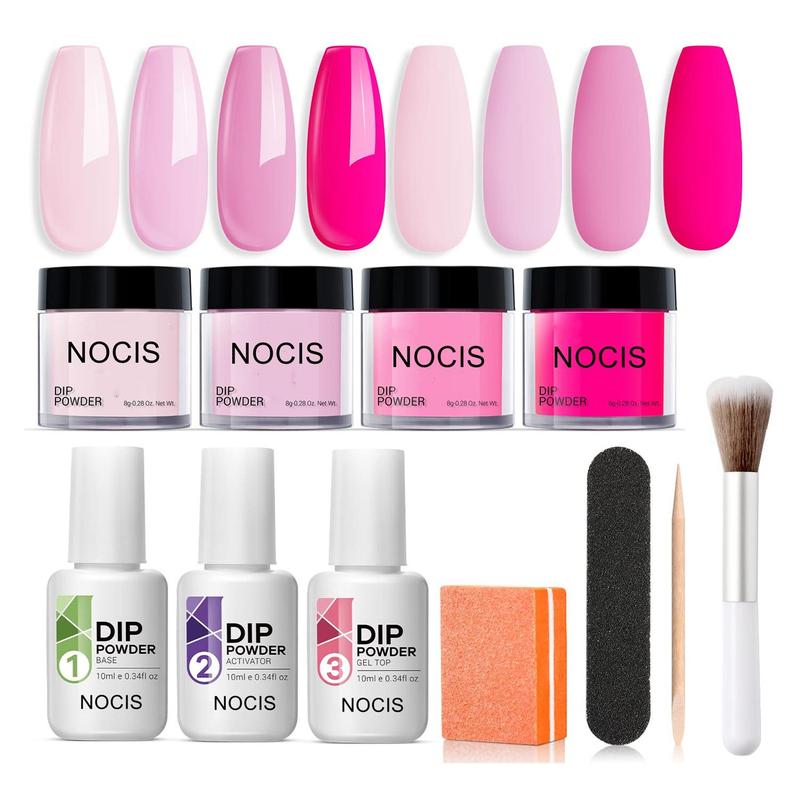 4 Colors Dip Powder Nail Starter Set, 11pcs set Nail Dipping Powder with Top Base Coat, Activator & Tools for French Nail Art, Nail Dip Powder for Home & Salon