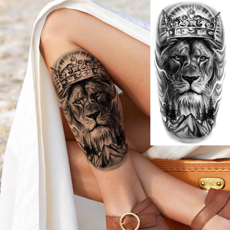 Lion & Crown Pattern Temporary Tattoo Sticker, 1 Count Waterproof Long Lasting Fake Tattoo Sticker, Body Art Decoration for Women & Men