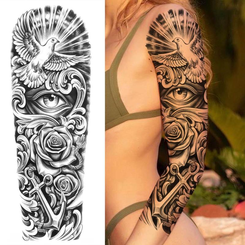 Peace Dove & Flower Pattern Full Arm Temporary Tattoo Sticker, Waterproof Long Lasting Fake Tattoo Sticker, Body Art Sticker for Women & Men