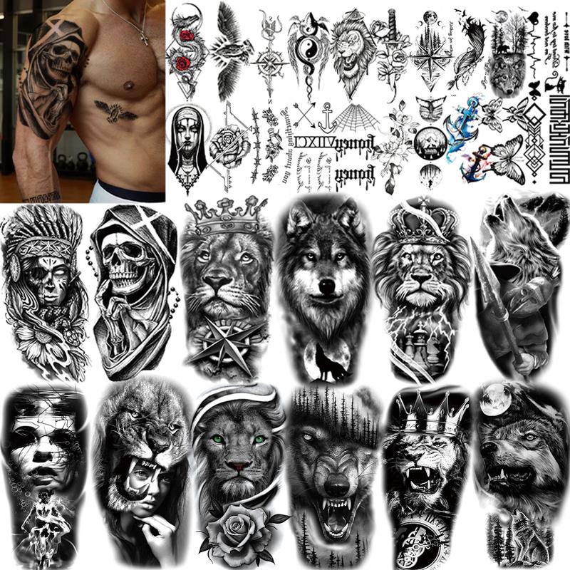 32 Sheets Large Half Arm Sleeve Temporary Tattoos For Men Women Forearm, Tribal Wolf Tiger Lion Owl Skull Temp Halloween Fake Tattoo Stickers Adults, Black Realistic Tattoo Flower Rose Animals