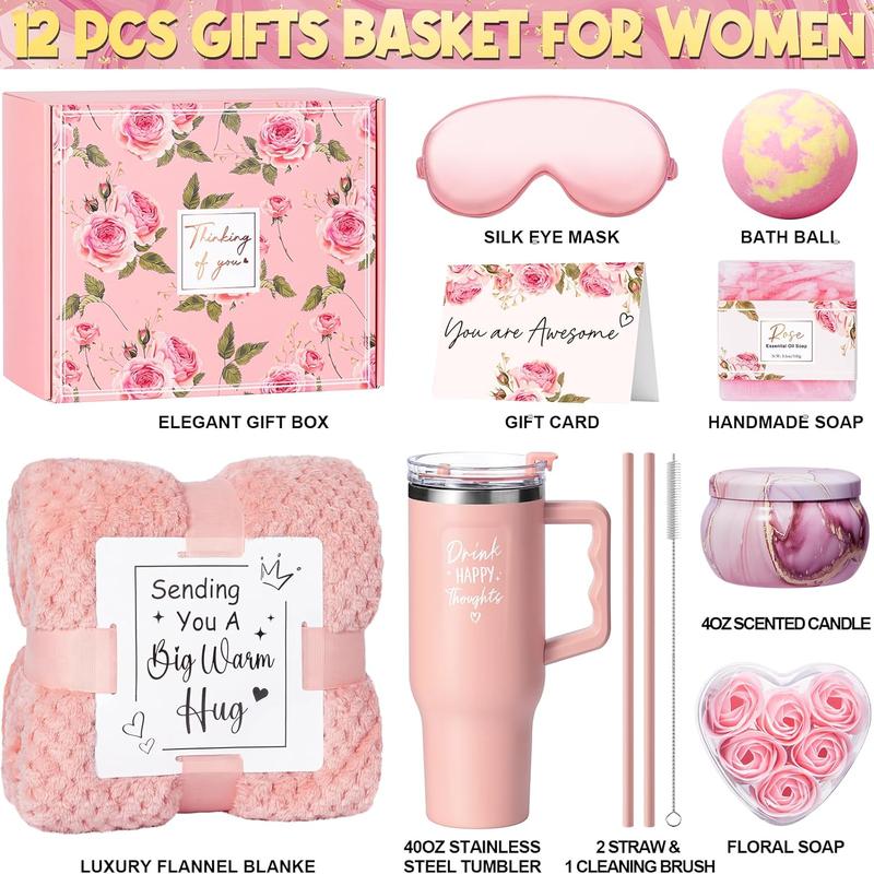 Birthday Gifts for Women Self Care Gifts Get Well Soon Gifts, Rose Relaxing Spa Gifts Basket Care Package w  Luxury Flannel Blanket 40 oz Tumbler, Christmas Gifts Idea for Mom Her Friends Sister Wife Body Care Comfort christmas 2024 ornament