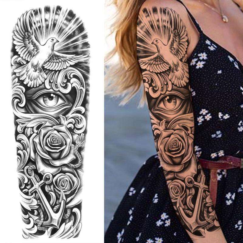 Peace Dove & Flower Pattern Full Arm Temporary Tattoo Sticker, Waterproof Long Lasting Fake Tattoo Sticker, Body Art Sticker for Women & Men