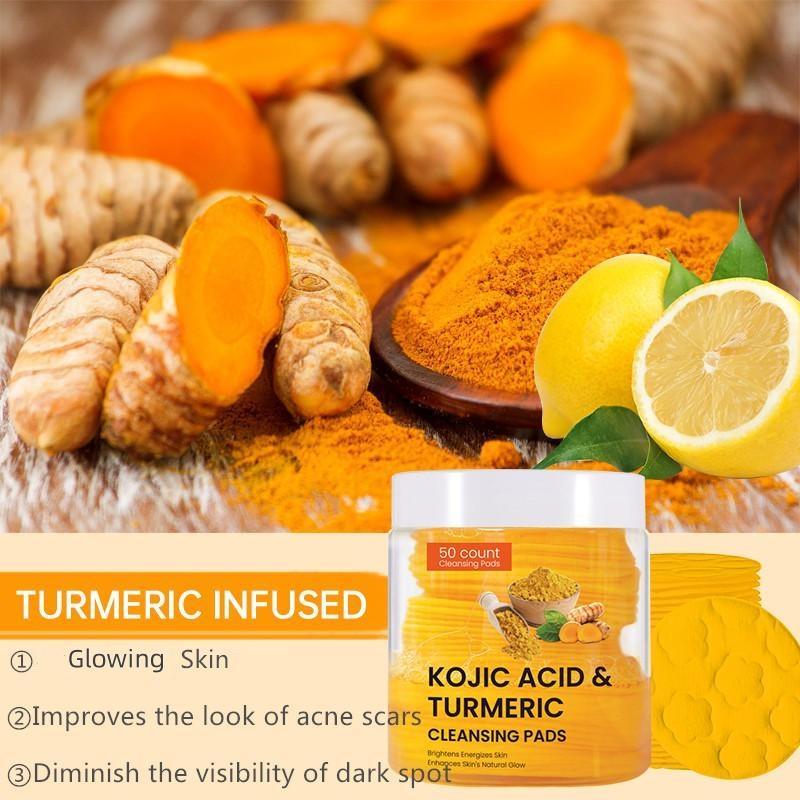 Turmeric & Kojic Acid Face Cleansing Pads, 50pcs box Exfoliating Cleansing Pads for Acne-prone Skin & Makeup Removal, Skin Care Product for Face & Body