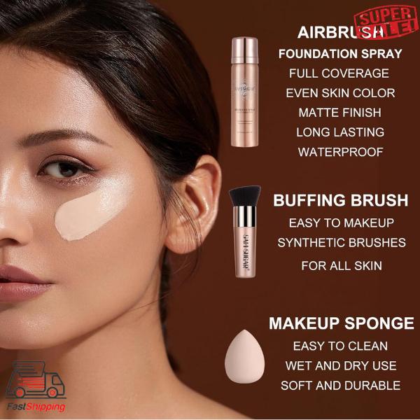 AirBrush Foundation Spray Set, Longwear Waterproof Matte Foundation Mist for Flawless Look, Spray Foundation Makeup and Hydrating Face Primer Kit, Brush and Sponge Include