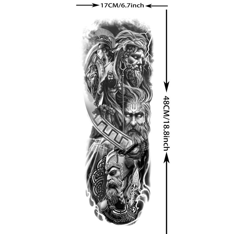 Greek Mythology Warrior Pattern Full Arm Temporary Tattoo, Waterproof Long Lasting Realistic Fake Sleeve Tattoo, Body Art Sticker for Men & Women