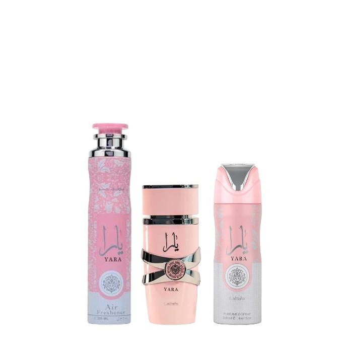 Lattafa Perfumes | 3 pc Yara Set - Choose from 3 [ Yara 100 ml - Yara Air freshener 300 ml - Yara Body Spray 200 ml ] Fragrance Set