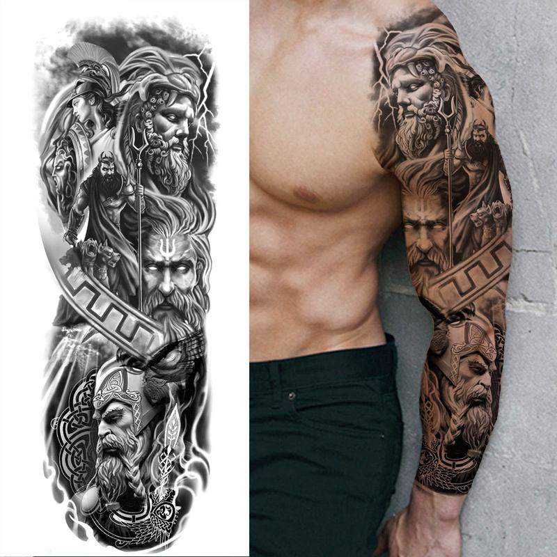 Greek Mythology Warrior Pattern Full Arm Temporary Tattoo, Waterproof Long Lasting Realistic Fake Sleeve Tattoo, Body Art Sticker for Men & Women