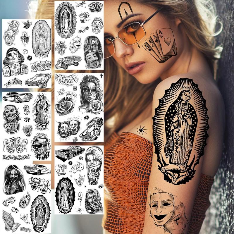 6 Sheets Large Chicano Temporary Tattoos For Men Women Adult, Chicana Guadalupe Gangster Fake Tattoos Prisoner Day of the Dead, Halloween Mexico Tattoo Stickers, Tatuajes Temporales Autocolante