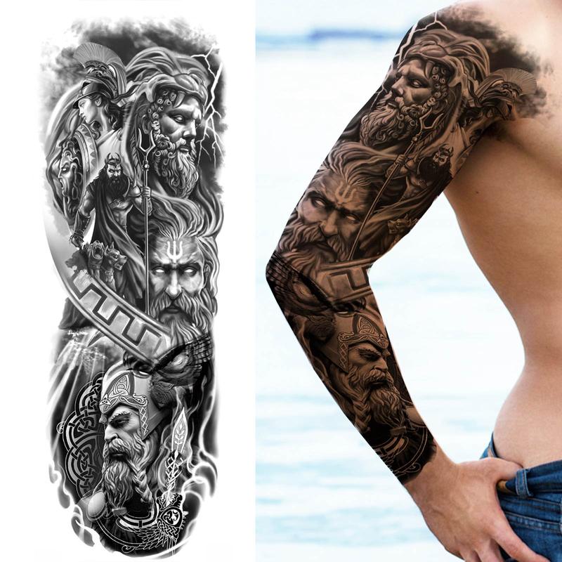 Greek Mythology Warrior Pattern Full Arm Temporary Tattoo, Waterproof Long Lasting Realistic Fake Sleeve Tattoo, Body Art Sticker for Men & Women