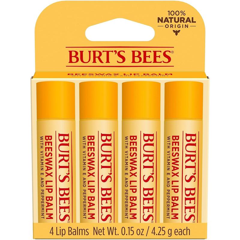 Burt's Bees Lip Balm Stocking Stuffers, Moisturizing Lip Care Christmas Gifts, Original Beeswax with Vitamin E & Peppermint Oil, Natural Origin Lip Care (4-Pack)