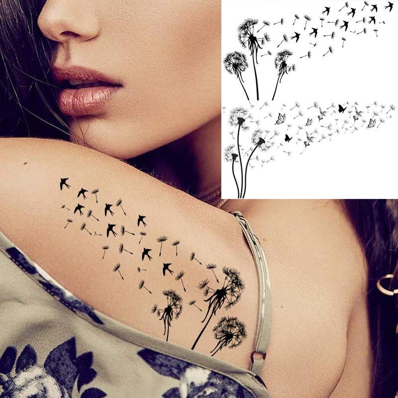 Dandelion & Bird Pattern Temporary Tattoos, 13pcs Fake Tattoos For Women & Men, Realistic Body Art Tattoos, DIY Tattoo Kit