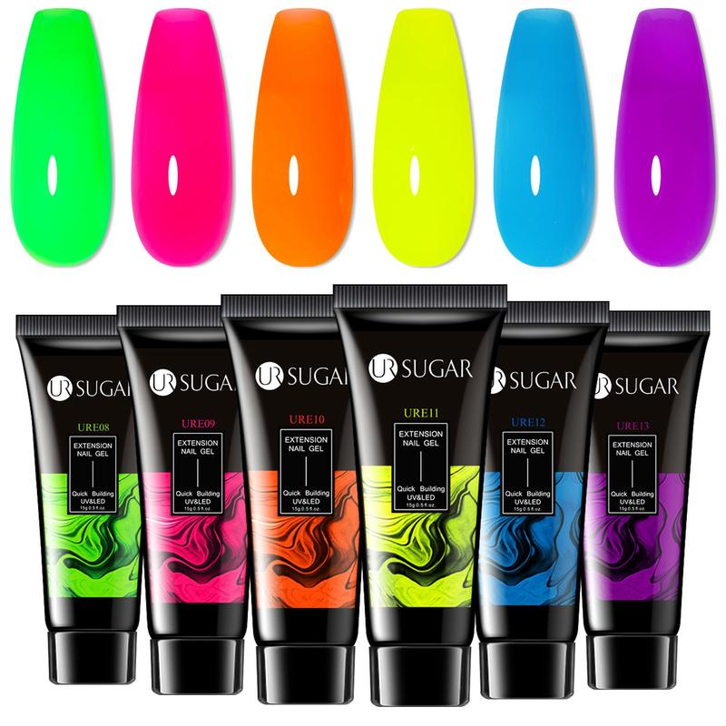 UR SUGAR Neon Poly Nail Extension Gel Nail Polish Set 6 Colors Neon Green Yellow Orange Bright Colors Poly Nail Gel Polish Kit Long Lasting Soak Off Gel Polish Gift for Women&Girls Nail Art DIY At Home Nail Care