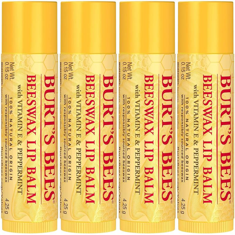 Burt's Bees Lip Balm Stocking Stuffers, Moisturizing Lip Care Christmas Gifts, Original Beeswax with Vitamin E & Peppermint Oil, Natural Origin Lip Care (4-Pack)