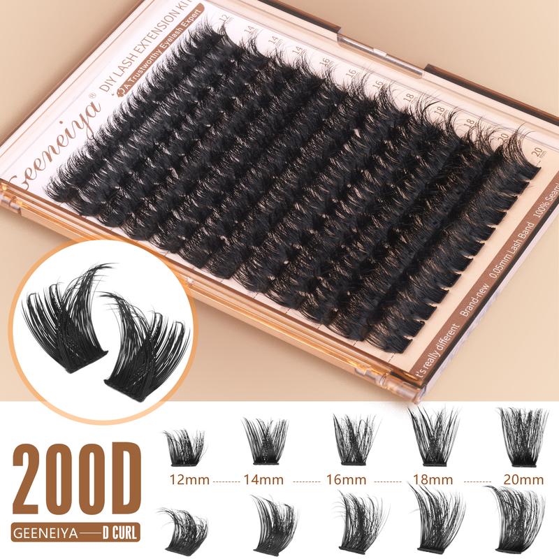 Geeneiya 200D Lash Extension Kit 12-20mm Fluffy Eyelash Extension Kit Thick Volume Lash Clusters Kit Wispy DIY Individual Eyelashes Kit with Lash Bond and Seal, Lash Applicator (D Curl, Thick Faux Mink-G08K)