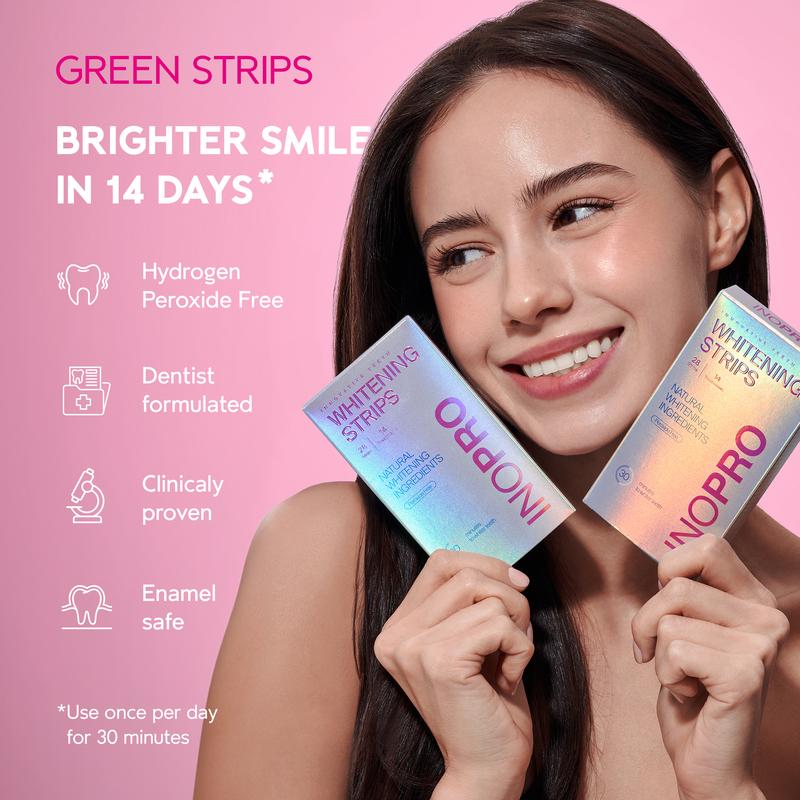 InoPro Teeth Whitening Strips 14 Treatments Kit, Peroxide Free Gentle Enamel Safe Green Strips, Instant Teeth Brightener w  Coconut Oil (28 Strips)