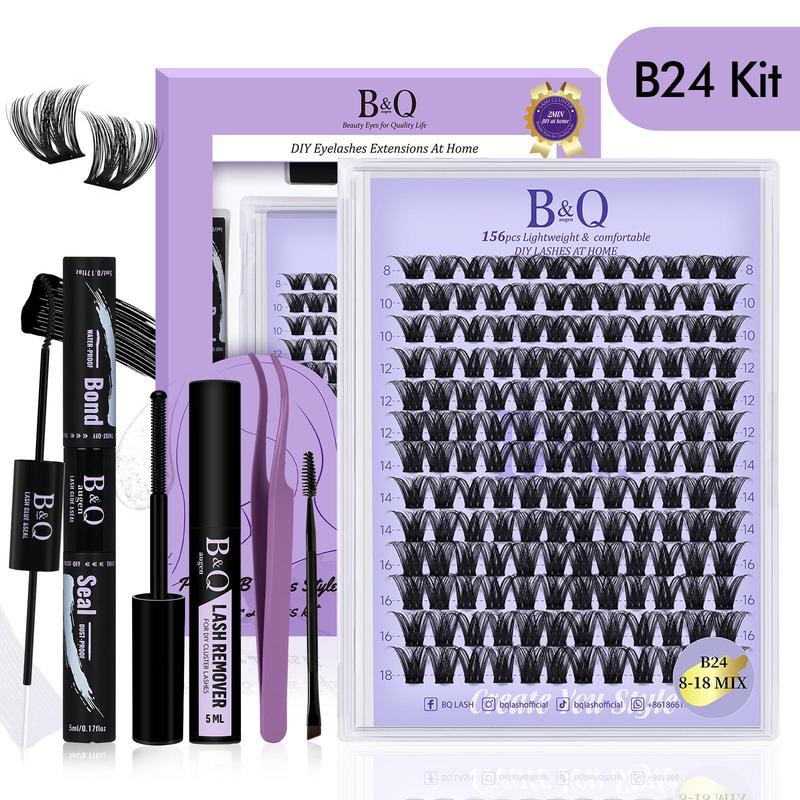 Individual Eyelash Extension Kit, B&Qaugen DIY 156pcs Individual Lashes Clusters Waterproof Cluster Eyelash Extensions Kit, Lashes Kit with Eyelash Extension Glue for Eyelashes Extensions, Glue Remover Lash Tweezers for Self Use At Home, Christmas Gift