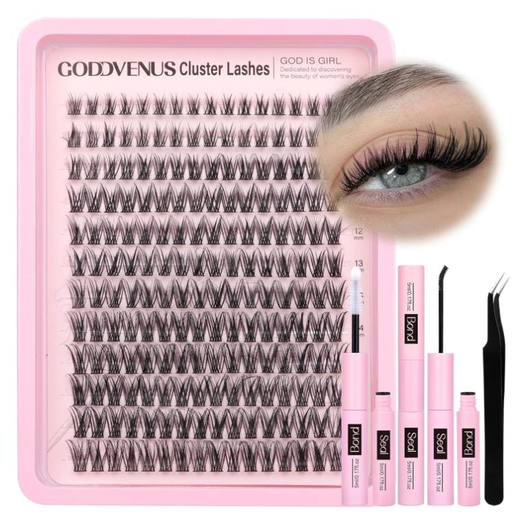 Lash Clusters Kit Wispy Lash Extension Kit Waterproof Lashes Clusters DIY Eyelash Clusters Kit with Natural Individual Eyelashes, Lashes Glue Bond and Seal and Lash Tweezers (D Curl 192pcs)