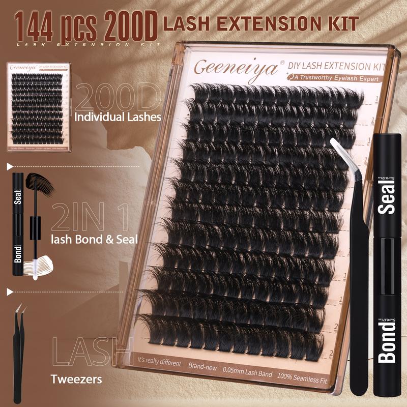 Geeneiya 200D Lash Extension Kit 12-20mm Fluffy Eyelash Extension Kit Thick Volume Lash Clusters Kit Wispy DIY Individual Eyelashes Kit with Lash Bond and Seal, Lash Applicator (D Curl, Thick Faux Mink-G08K)