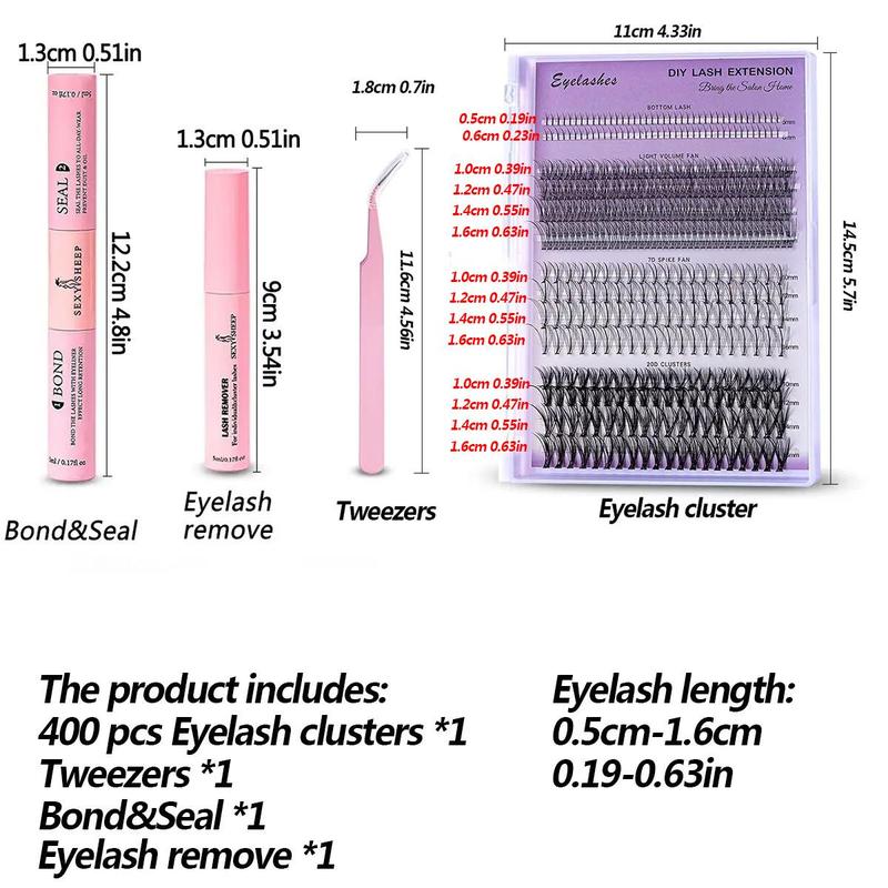 Mixed Styles Individual Eyelash Clusters False Eyelashes, 1 Set Including 400pcs box Natural Curl Eyelashes & Glue & Remover & Tweezers, Eye Makeup Enhancement False Eyelashes for Women & Girls, Fall Gift, Christmas Gift