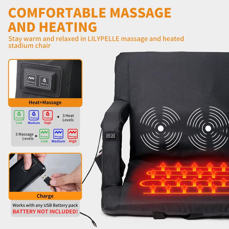 LILYPELLE Heated Massage Stadium Seats, Bleacher Seat with Back & Arm Support, 3 Levels of Heat&Massage, 6 Reclining Positions Stadium Seating Bleacher Seats for Sports Events, Outing, Hiking