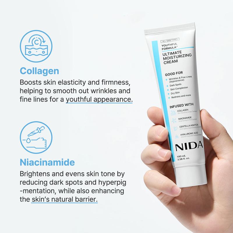 NIDA Youthful Formula Ultimate Moisturizing Cream (100mL)   Collagen, Niacinamide, Centella Asiatica, Hyaluronic Acid   Wrinkles, Dark Spots, Skincare