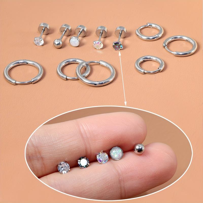 8 Pairs Surgical Stainless Steel Earrings for Sensitive Ears Small Opal Ball CZ Flat Back Stud Earrings Hypoallergenic Hoop Earrings for Women Men 20G Cartilage Earrings