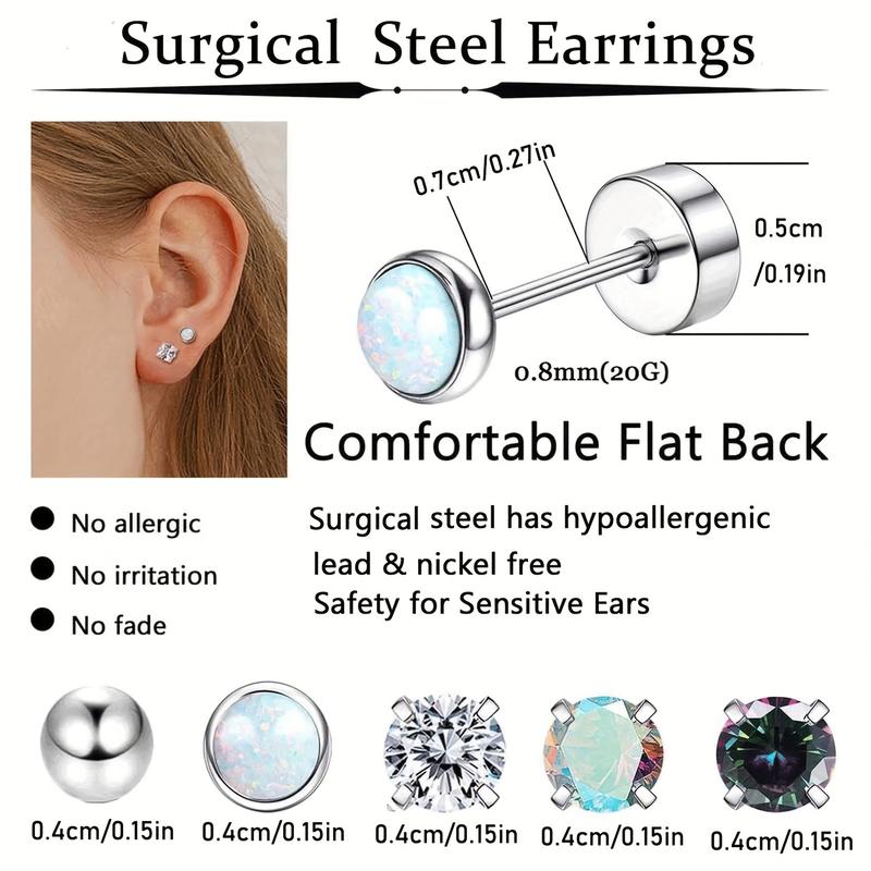 8 Pairs Surgical Stainless Steel Earrings for Sensitive Ears Small Opal Ball CZ Flat Back Stud Earrings Hypoallergenic Hoop Earrings for Women Men 20G Cartilage Earrings