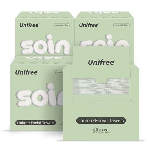 [ZS]Unifree Facial Towels Promax  I Clean Facial Tissues in Box, Thicker Large Size 11.8 x 9.8 Inch, 50 Count Per Box, 1box or 4-boxes Value Pack, Total 200 Count,face towel, makeup-remover, thick