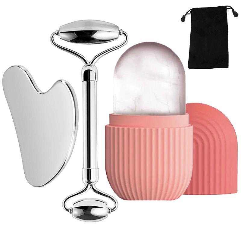 3 in 1 Comfort Ice Face Roller & Gua Sha Tool ＆ Ice Molds with Storage Bag, Summer Facial Skincare Ice Roller Mold, Massage Roller, Skin Care Products, Face Sculptor, Face Care Product