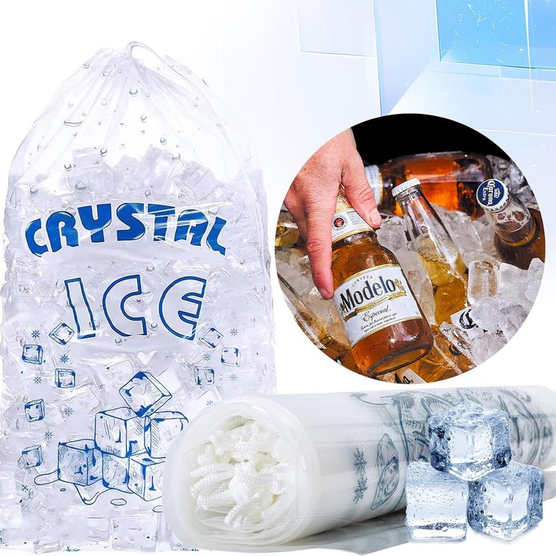 100 Pack Ice Bags 8 lb with Drawstring Plastic Ice Bags for Ice Machine, Heavy-Duty Reusable Ice Cube Bags, Portable Storage and Freezer Keeper