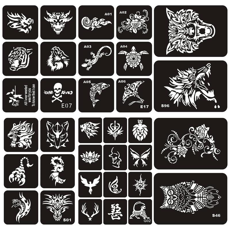 6 Sheets Temporary Tattoo Stencils, 34pcs Animal Tiger Wolf Totem Patterns Henna Tattoo Stencil Kit Temporary Glitter Airbrush Tattoo Stencils Arabian Tattoo Stickers for Face Body Paint Art