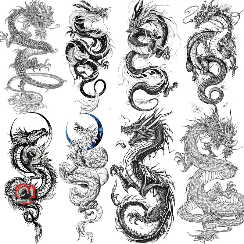 8 Sheets Cool Dragon Temporary Tattoos For Men Women Adults, Black Realistic Dragon  Sticker Half Arm Sleeve, Waterproof Tribal Totem  Tattoos That Look Real and Long Lasting Set Kit