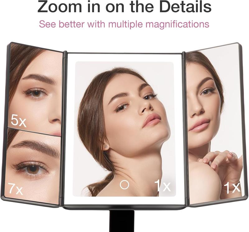 Makeup Mirror with Natural LED Lights, Lighted Trifold Vanity Mirror with 5X & 7X Magnifications - 40 Dimmable Lights, Touch Screen, Cosmetic Stand - Sora (Black)